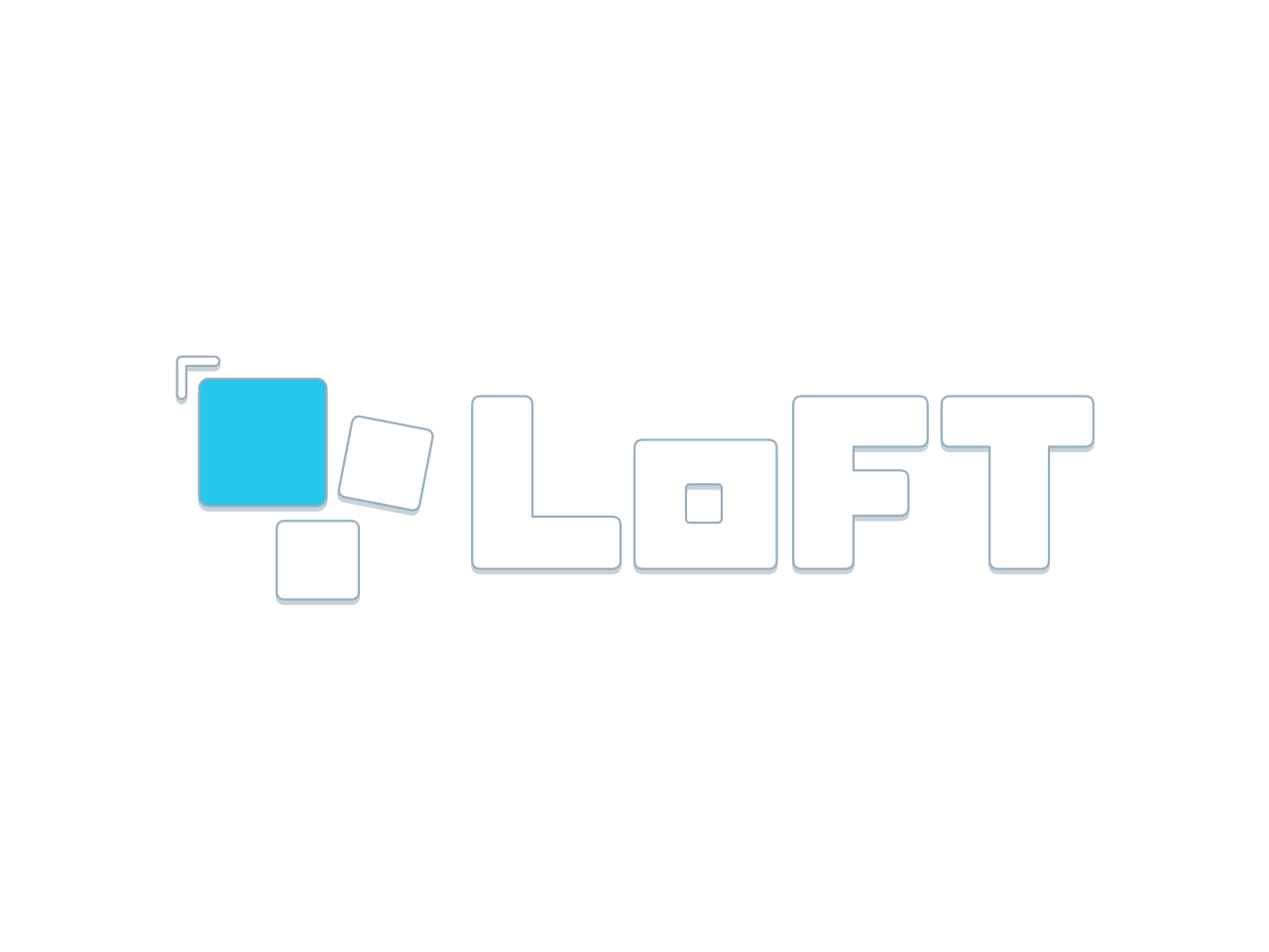 LoFT logo with white lettering and a cyan tile.